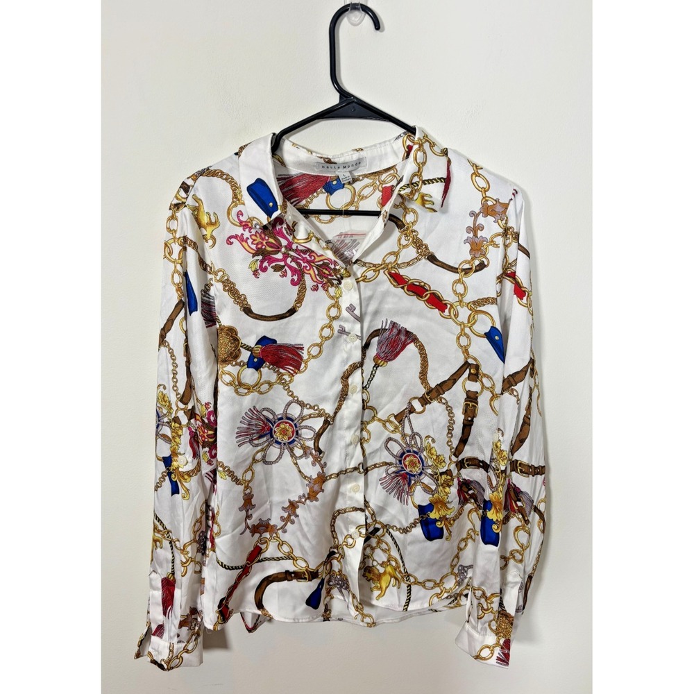 Haute Monde Chain Print Button Down Blouse NWT Women's Large